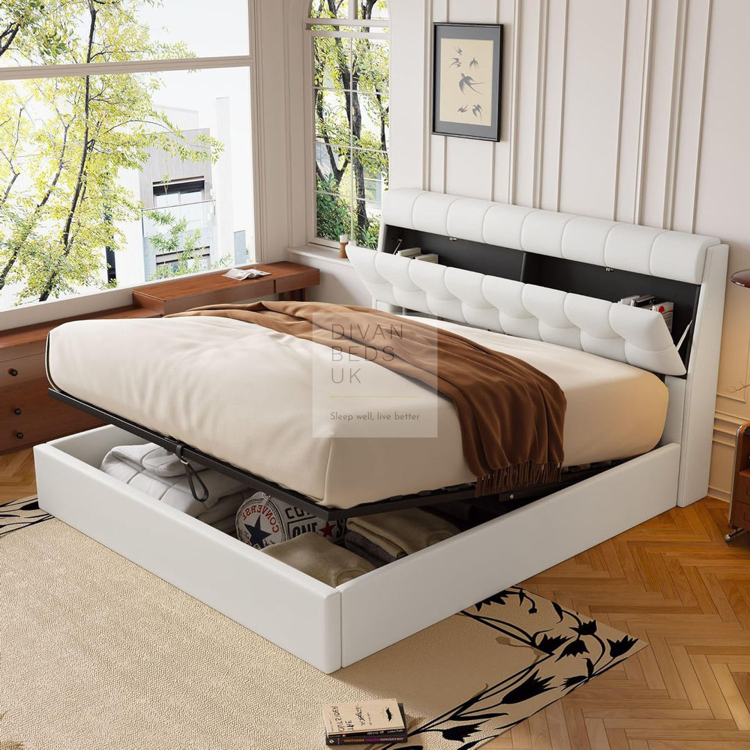 Carmine White Leather Ottoman Storage Bed with Headboard Storage