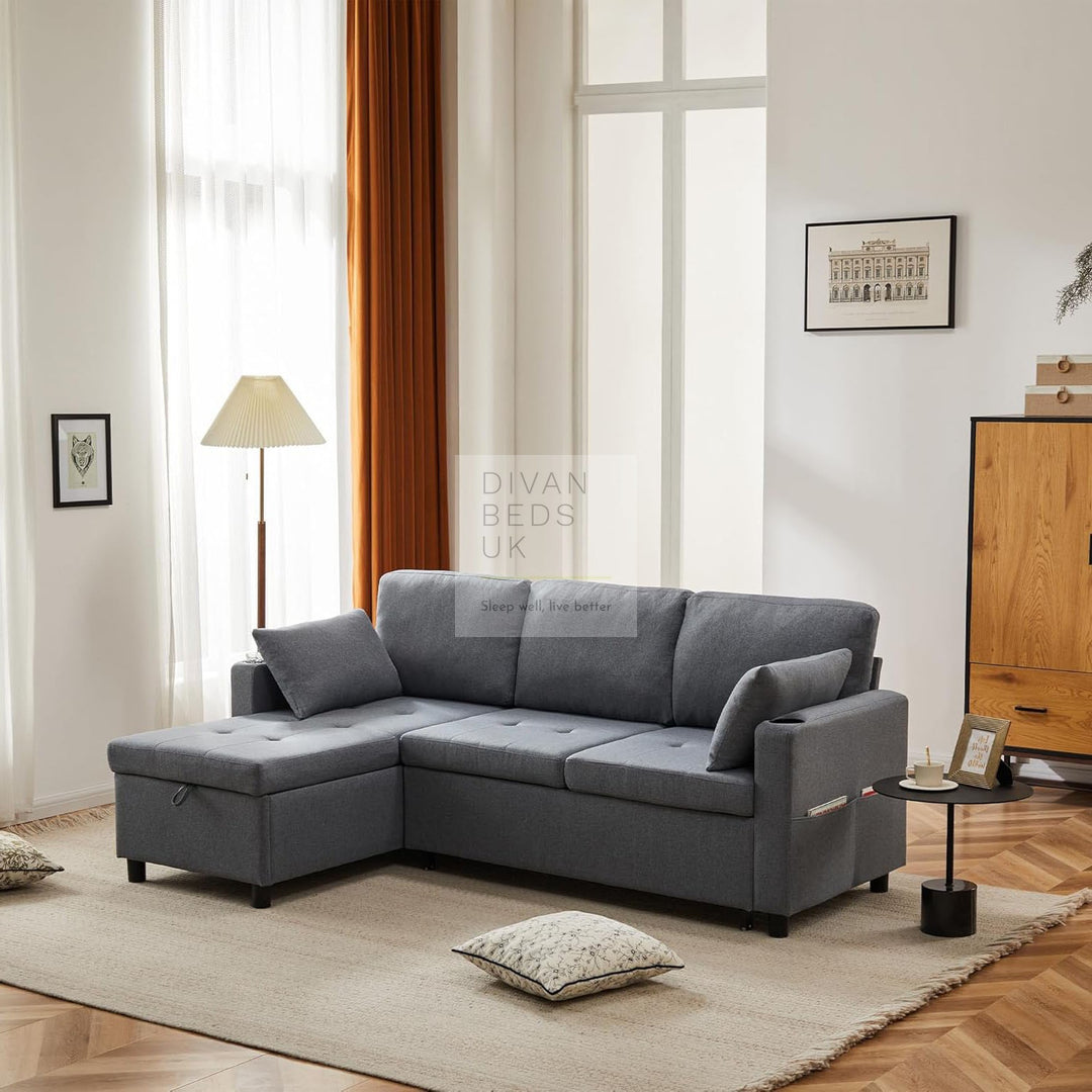 Downtown Grey Linen 4 Seater Ottoman Storage Corner Sofa Bed with Trundle
