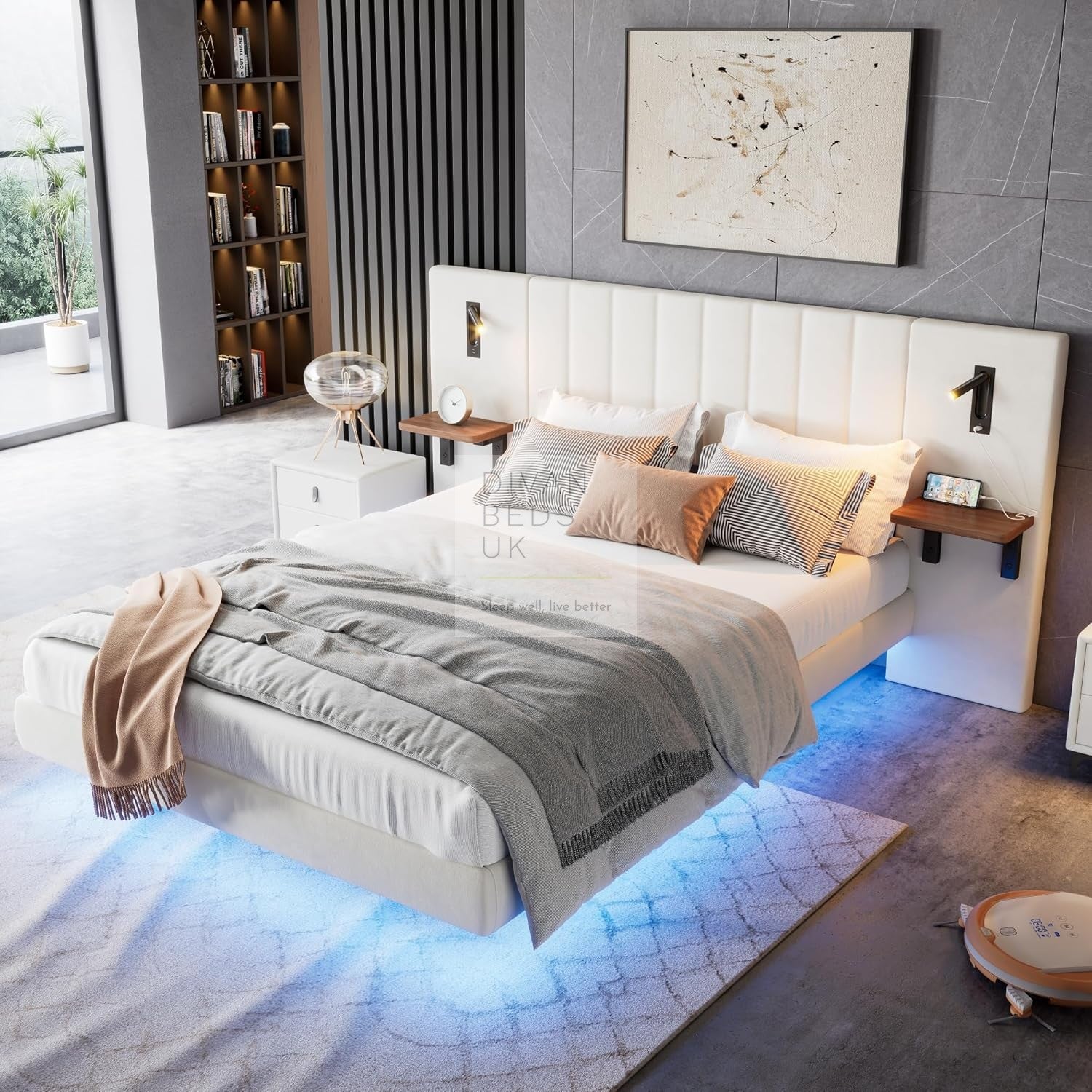 Dariush Oversized Headboard White Floating Look Smart Bed with Integra ...