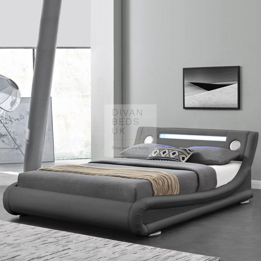 Volo Italian Modern LED Grey Leather Bed with Bluetooth Speakers & USB Port