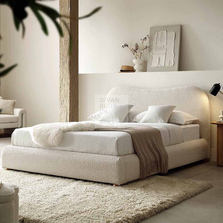 Teddy Luxury Soft Boucle Fur Beige Curved Bed Frame