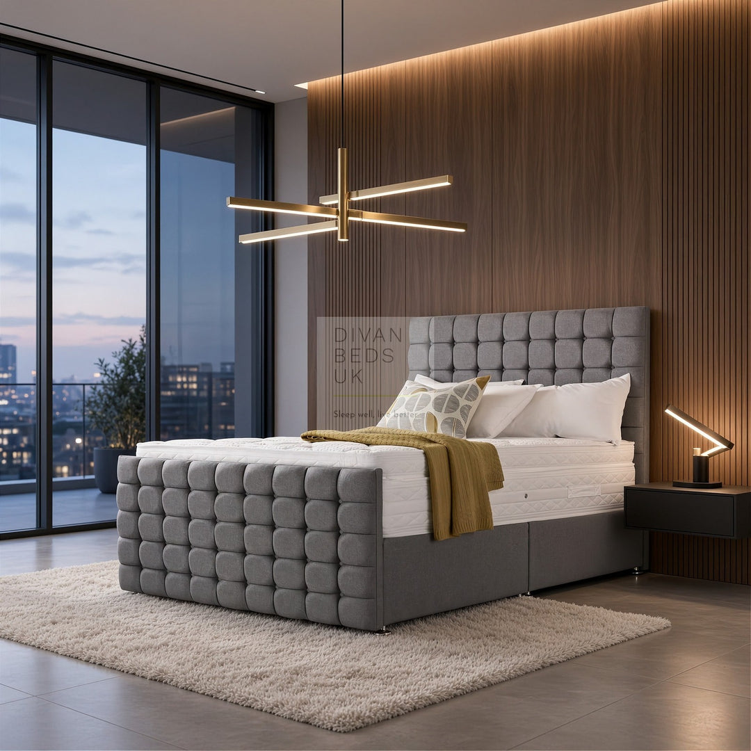 Austin Divan Bed with Cubed High Floor Standing Headboard and Footboard