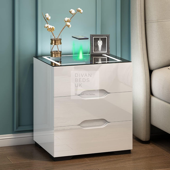 Barrera 3 Drawer White High Gloss Smart LED Bedside Table with USB and Wireless Charging