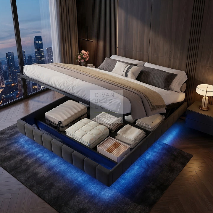 Carrillo Floating Style Smart LED Grey Linen Ottoman Gas Lift Storage Bed Base