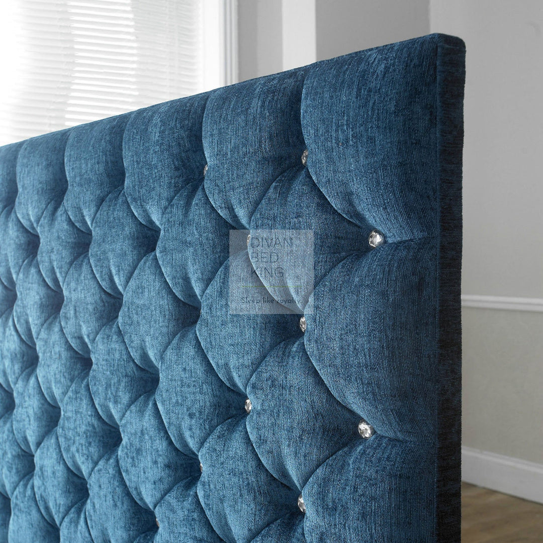 Grandeur Chesterfield Design Blue Chenille Floor Standing Divan Bed Headboard