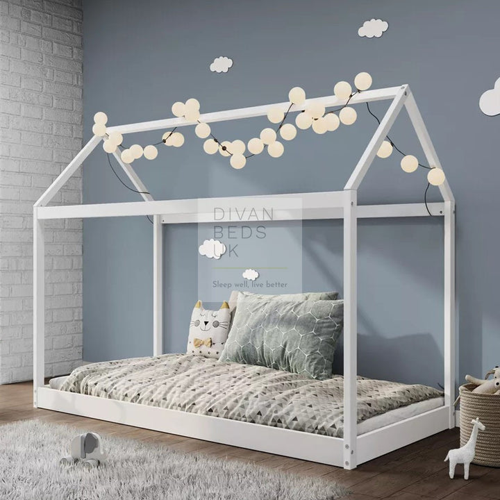 Nerissa White Treehouse 3ft Single Bed Wooden with Canopy Kids Sleeper Pine House Low Childs