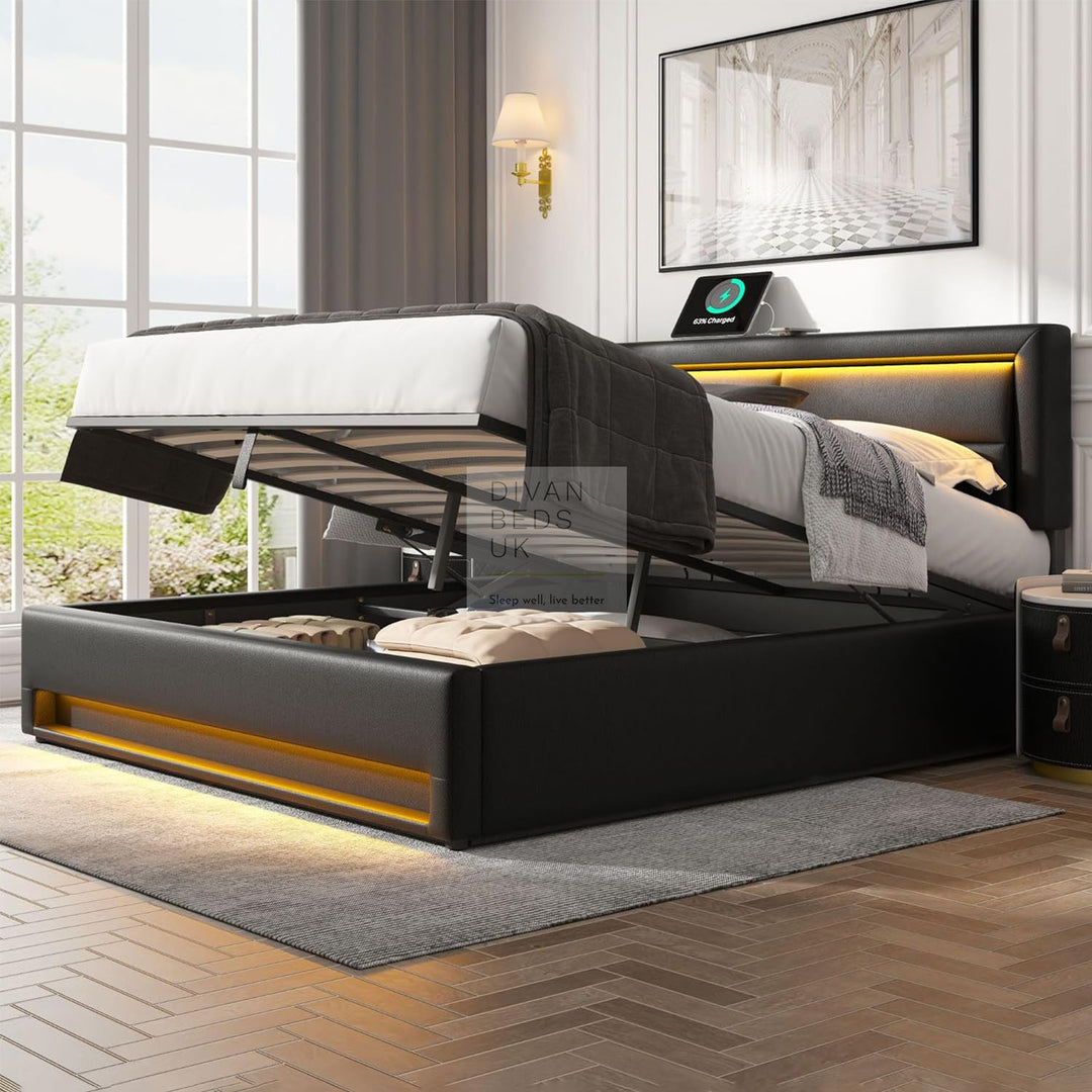 Iris Black Leather Smart Ottoman Bed with LED Lighting, Type C, USB and Wireless Charging