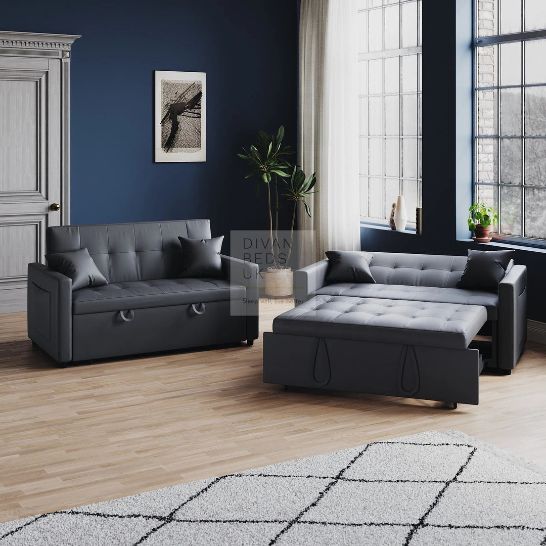 Santana Ash Grey Leather Daybed Sofa Bed Couch with Sidepockets & 2 Matching Pillows
