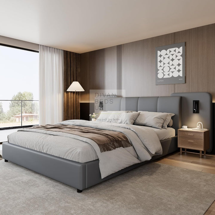 Monteleone Oversized Headboard Grey Leather Bed Frame with Integrated Lighting & USB Charging