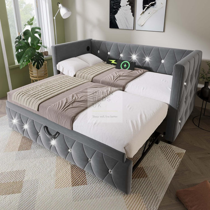 Taranto Grey Velvet Diamante Crystal Smart Daybed Sofa Bed Couch with Trundle, Charging Station, USB & Type C Ports