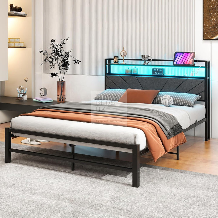 Cesena Grey Linen Smart Metal Bed with Storage LED Headboard, Shelves, Power Outlet, USB Charging & Optional Drawers