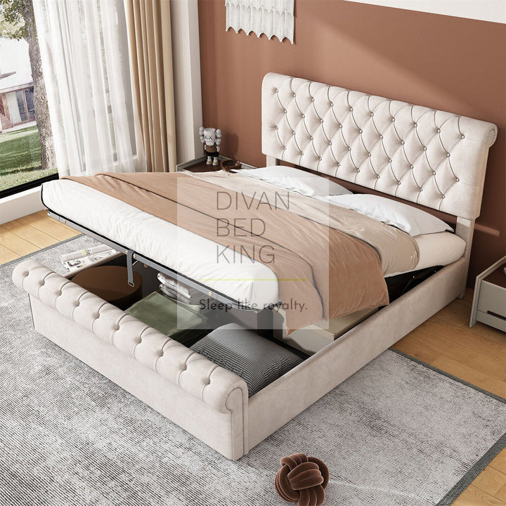 Savannah Cream Beige Plush Velvet Scroll Sleigh Ottoman Storage Bed Frame