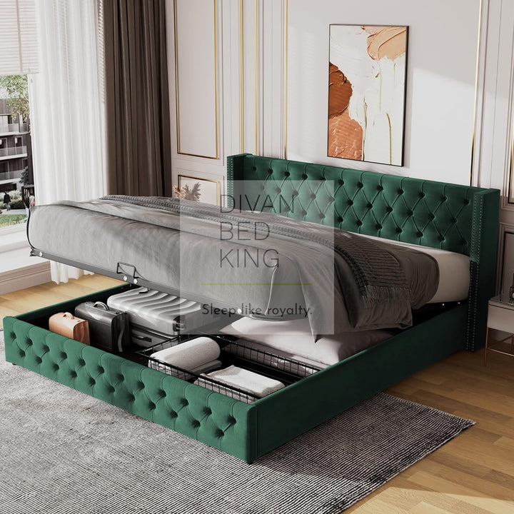 Harlow Green Plush Velvet Wingback Ottoman Storage Bed Frame