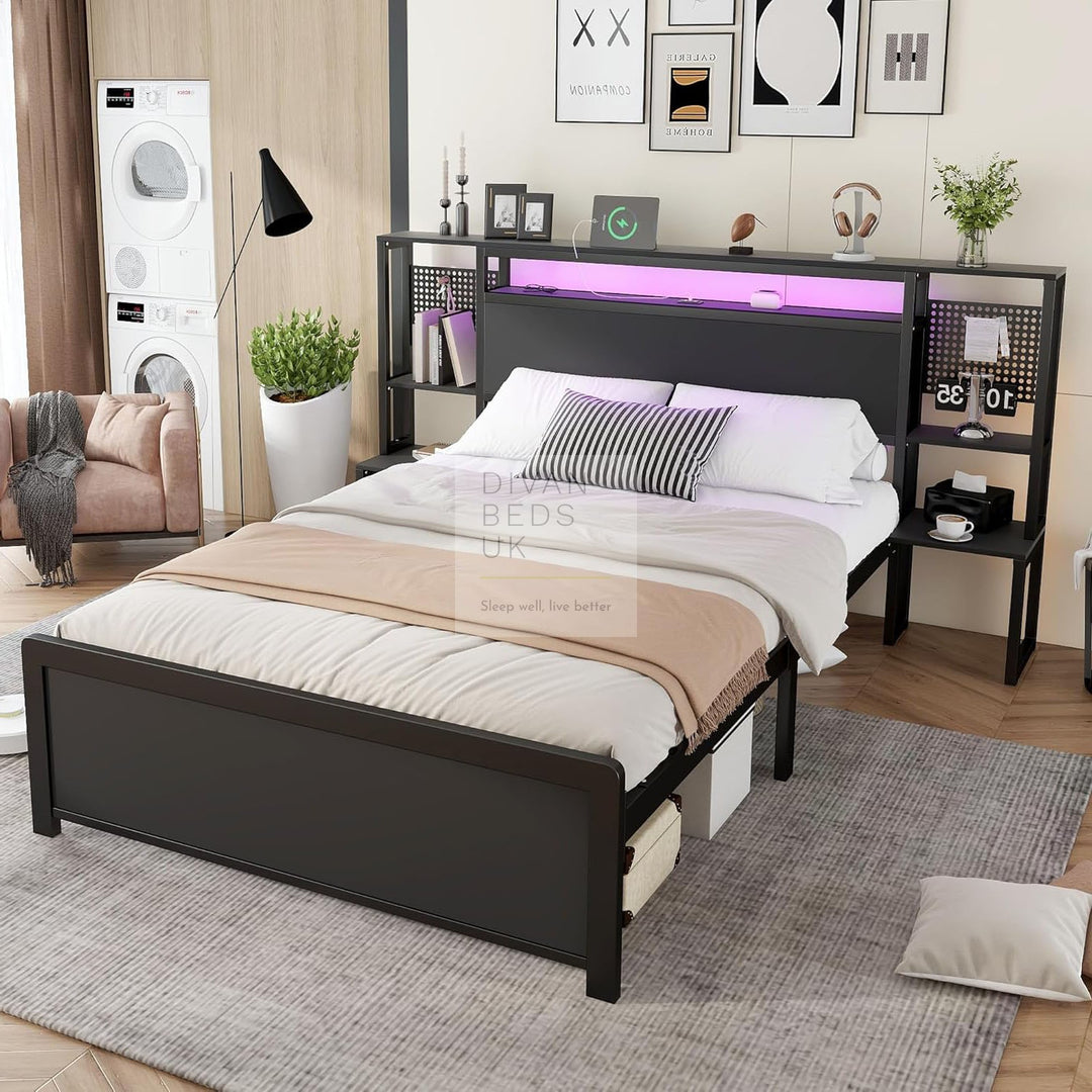 Zentiva LED Black Smart Bed with Integrated Bedside Tables, Charging Station with USB and Type C
