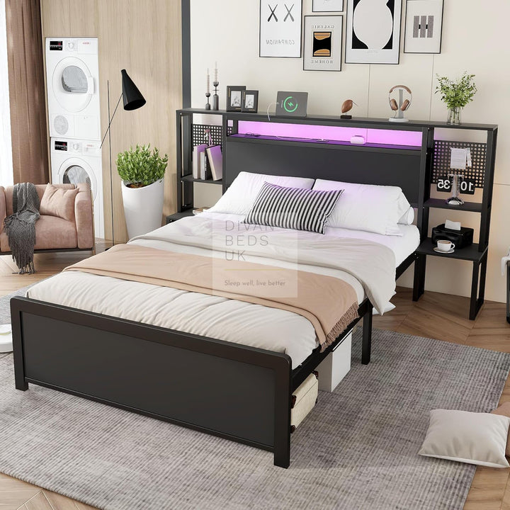 Zentiva LED Black Smart Bed with Integrated Bedside Tables, Charging Station with USB and Type C