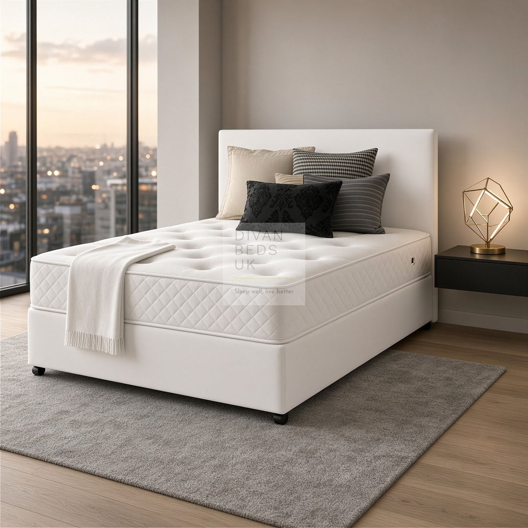 Arlington White Leather Divan Bed with Cooling Gel Spring Memory Mattress Options