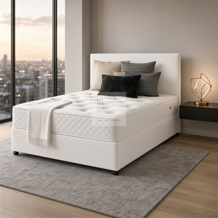 Arlington White Leather Divan Bed with Cooling Gel Spring Memory Mattress Options