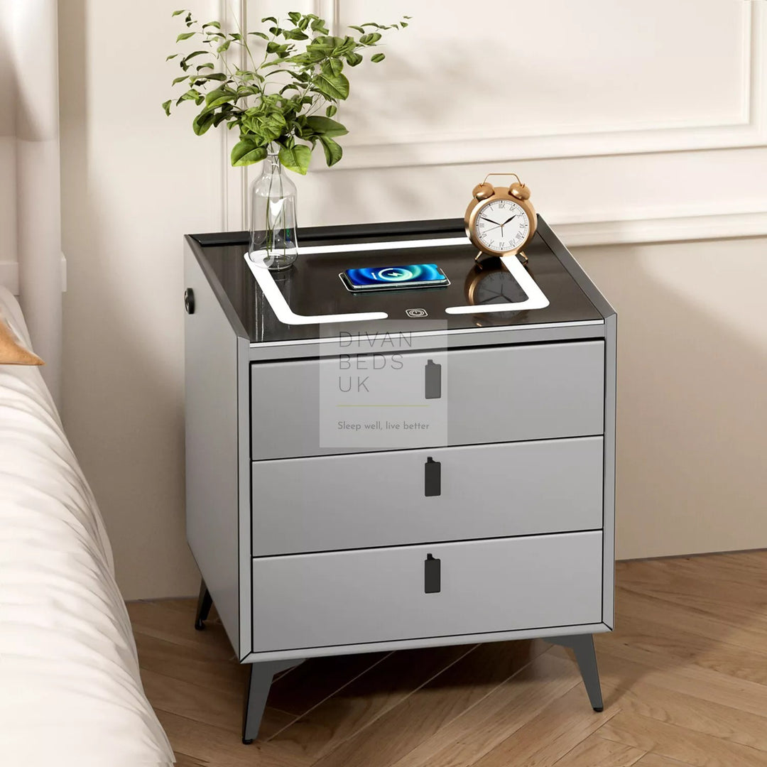 Elara Grey 3 Drawer Smart LED Bedside Table with USB, Type C and Wireless Charging