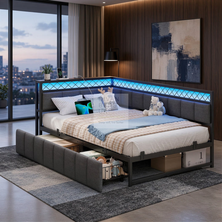 Giomani Grey Linen 2 Drawer Low Smart Sofa Bed Daybed with LED Lights, USB &amp; Type C Charging Station