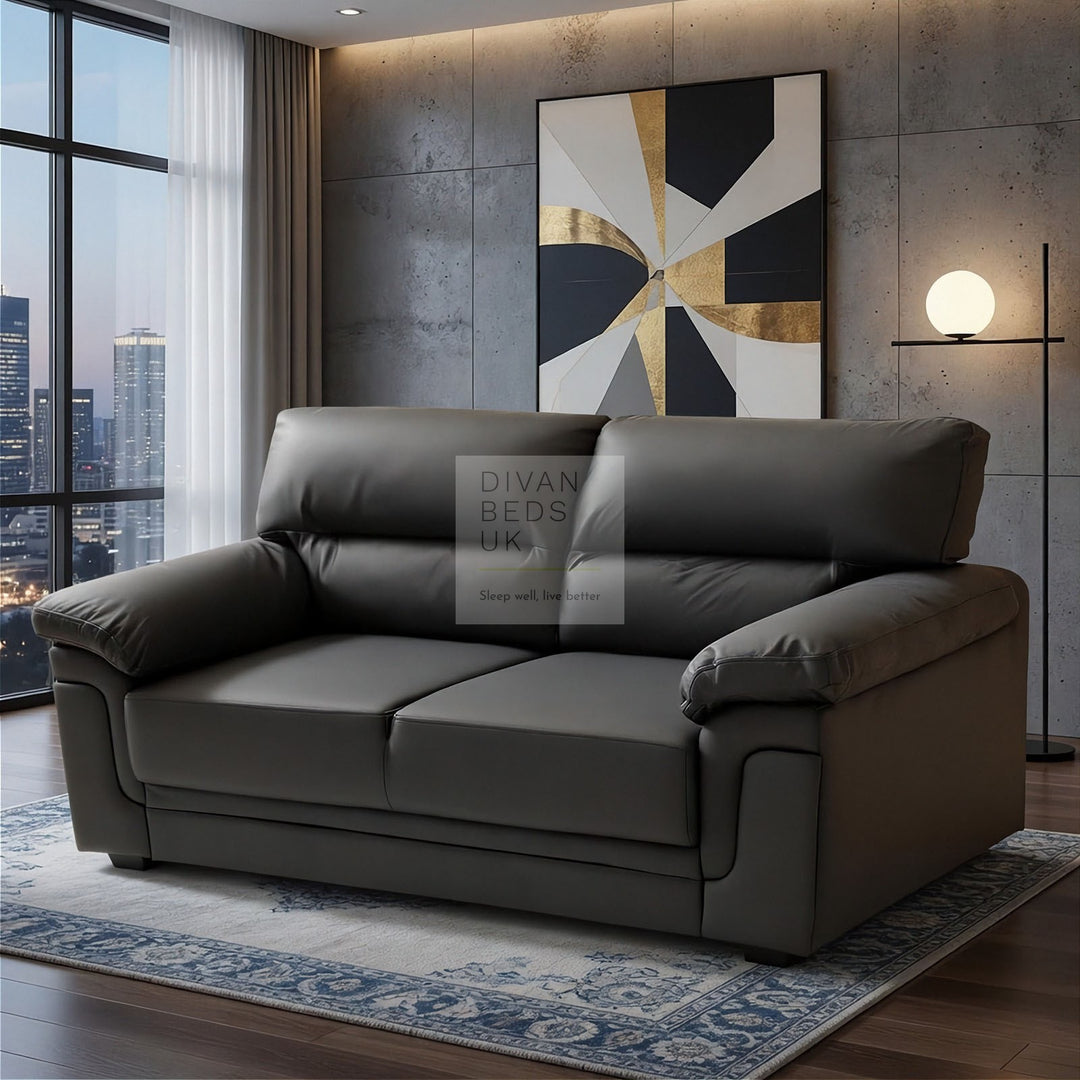 Delgado Luxury Black Leather Sofa Couch Settee with Pocket Spring & Reflex Foam Support