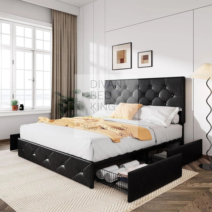 Emma Black Leather 4 Drawer Buttoned Bed Frame