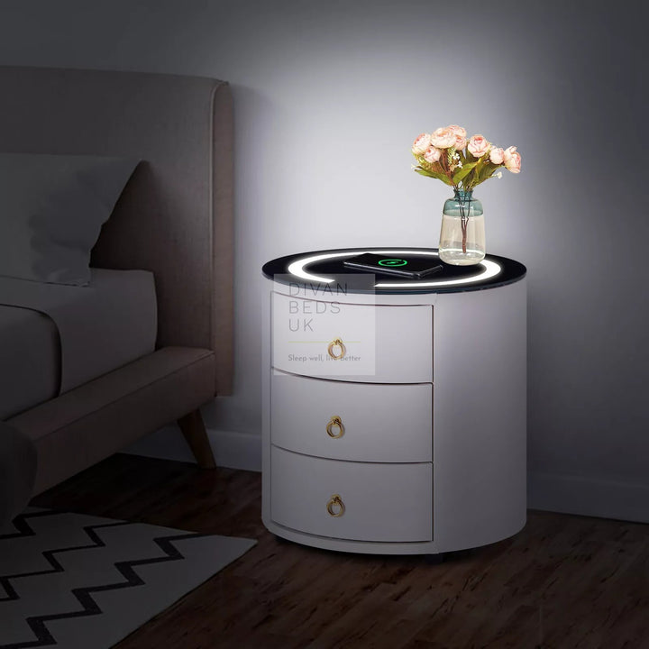 Adrastea Round 3 Drawer White Leather Smart LED Bedside Table with Wireless Charging