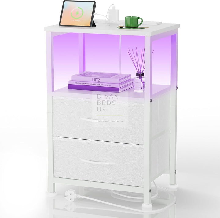 Henry 2 Drawer White Wood and Metal Smart Bedside Table with Shelf