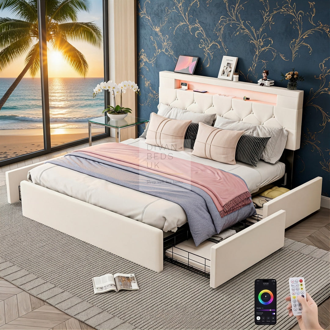 Harmon Beige Linen Smart Bed with 4 Drawer Storage, LED and Charging Station AC Socket, USB, Type C on Headboard Storage Shelf