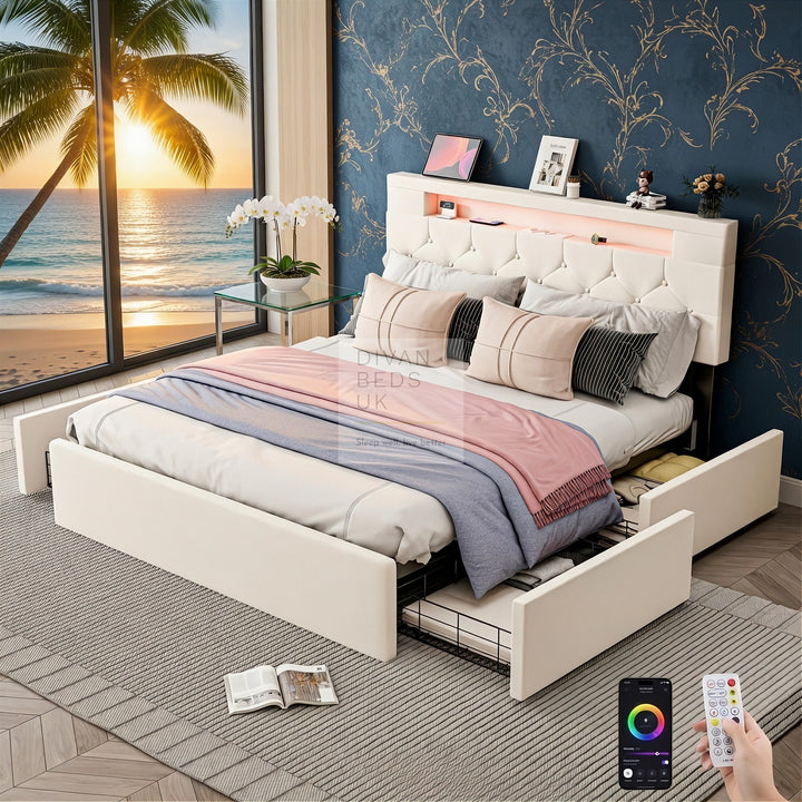 Harmon Beige Linen Smart Bed with 4 Drawer Storage, LED and Charging Station AC Socket, USB, Type C on Headboard Storage Shelf