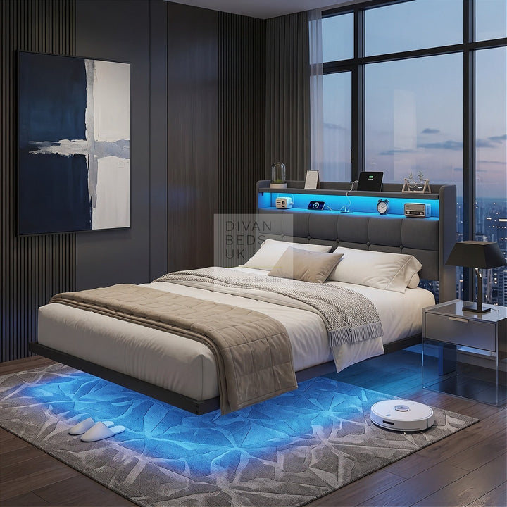 Houston Smart Metal Floating Bed with Grey Linen Padded Storage Headboard, LED Lights, USB & Type C Charging Station