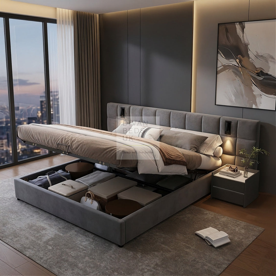 Avernus Oversized Headboard Grey Ottoman Storage Bed Frame with Integrated Lighting & USB Charging
