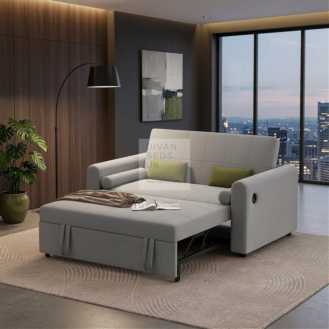 Kimora Grey Linen Smart Daybed Sofa Bed with USB & Type C Charging and Matching Pillows