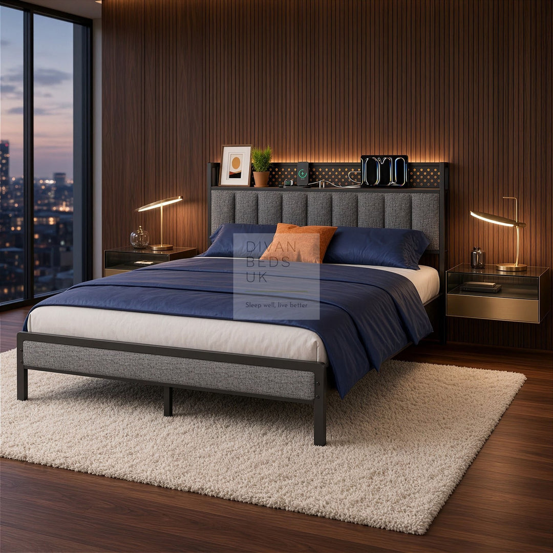 Kamryn Grey Linen Black Metal Smart Bed with Storage LED Lights Headboard Shelf, USB and Type C Charging