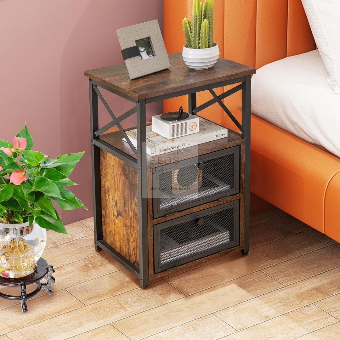 Henry 2 Drawer Rustic Wood and Metal Bedside Table with Shelf