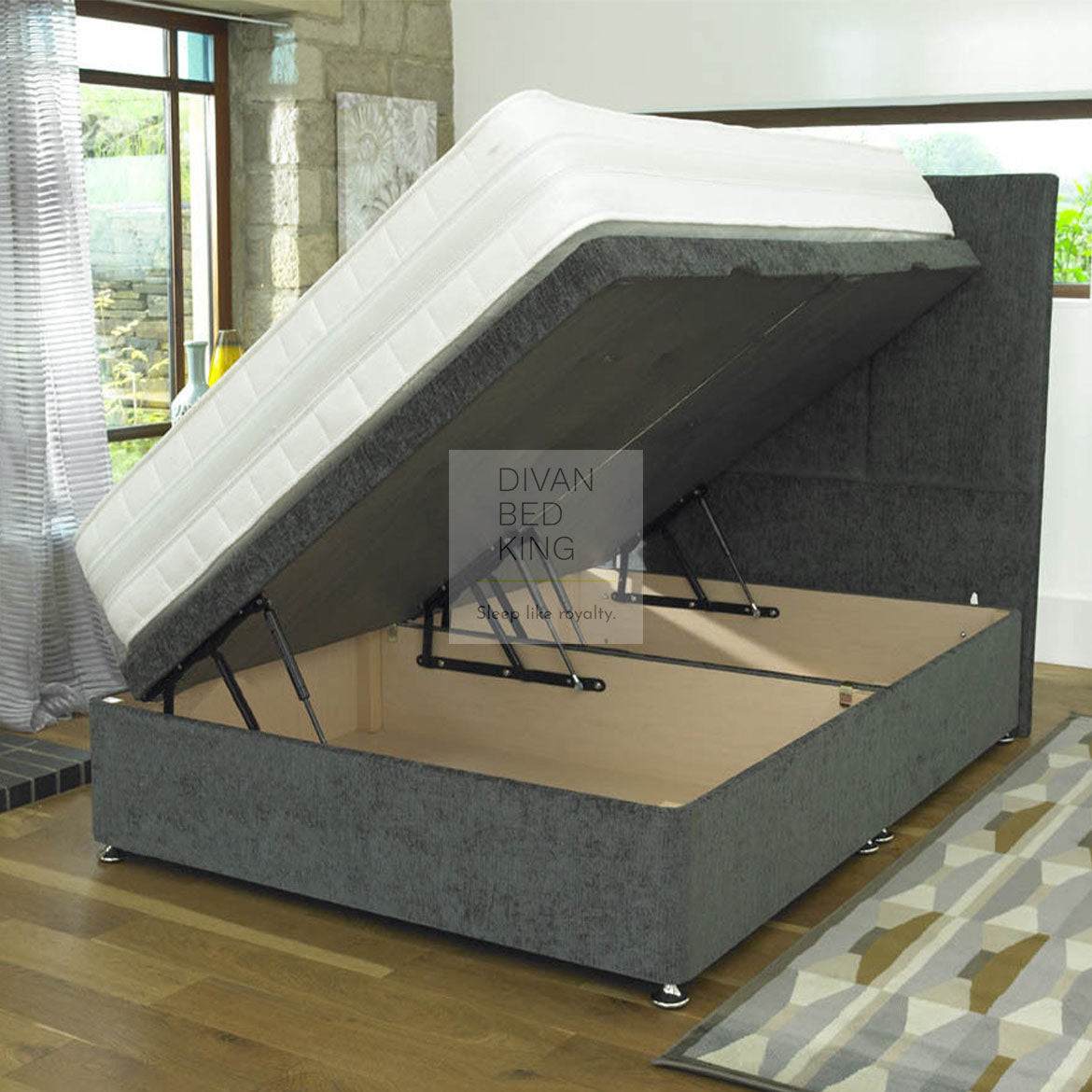 Ethan Luxury Ottoman Divan Bed with Stripe Floor Standing Headboard Op ...