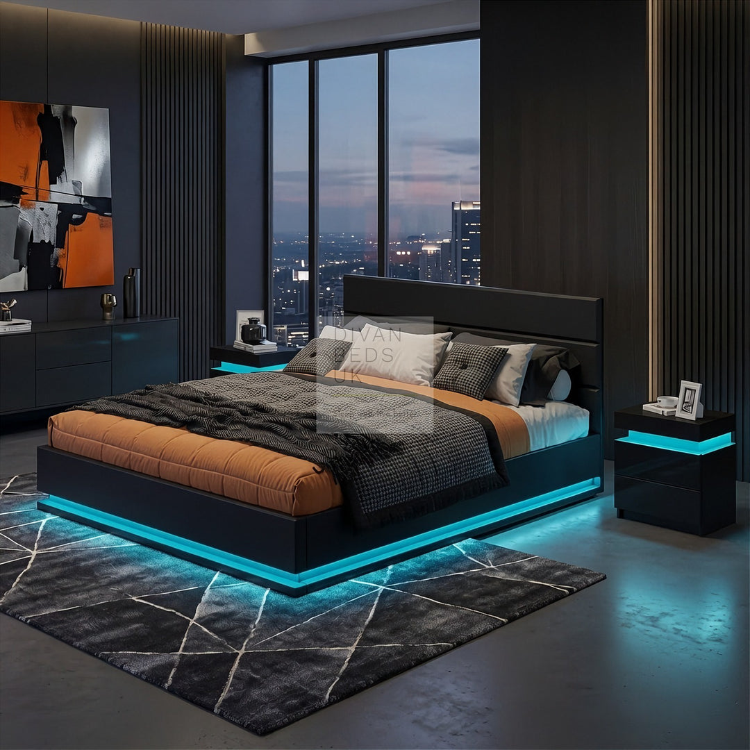 Averie LED Black Leather Ottoman Gas Lift Storage Smart Bed