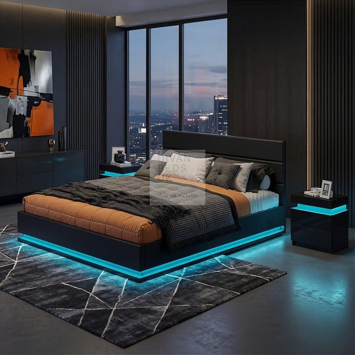 Averie LED Black Leather Ottoman Gas Lift Storage Smart Bed