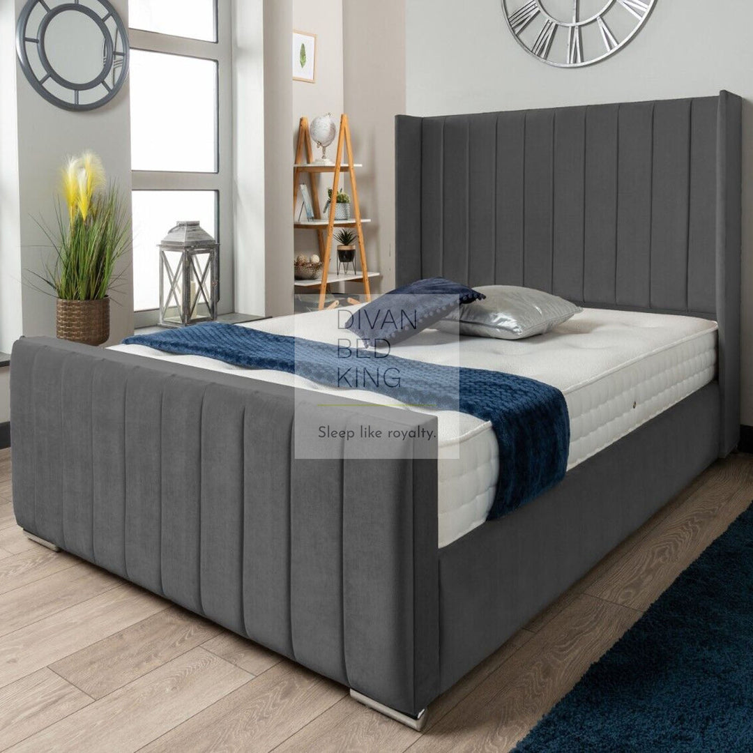 Leonilda Dark Grey Velvet Wingback Ottoman Storage Bed Frame