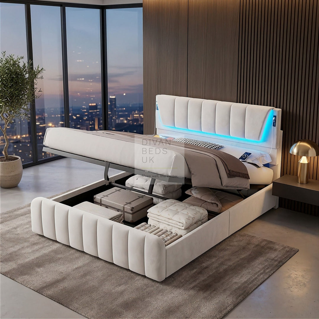 Kamari Ottoman Storage Beige Plush Velvet Smart Bed with with LED Lights, USB and Type-C Charging