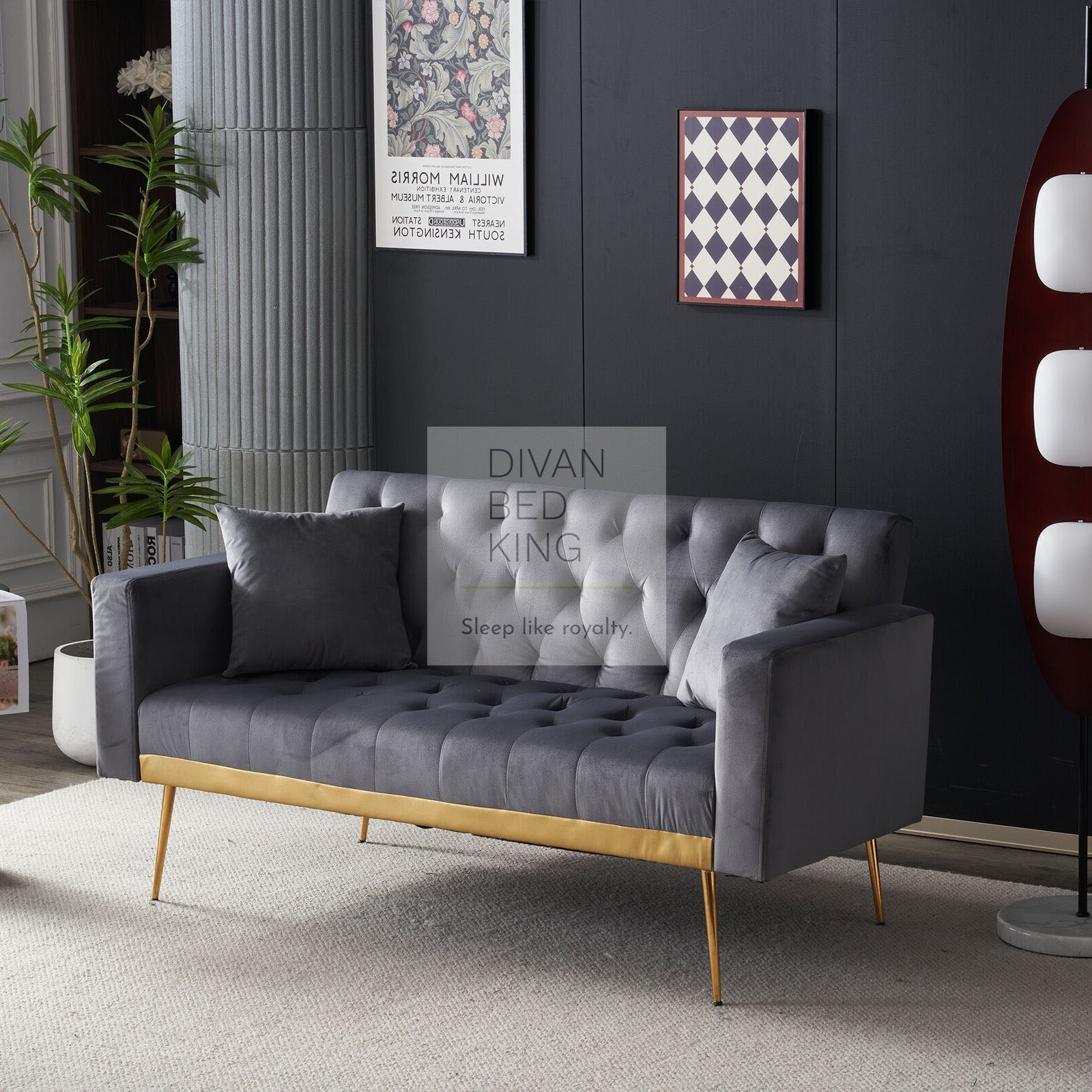 Parisa Grey Velvet Velour 2 Seater Sofa Bed with Gold Metal Legs