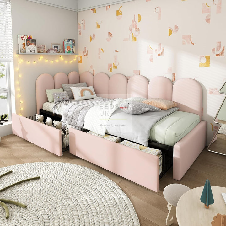 Novara Pink Plush Velvet 2 Drawer Corner 2 Seater Daybed Sofa Bed Couch