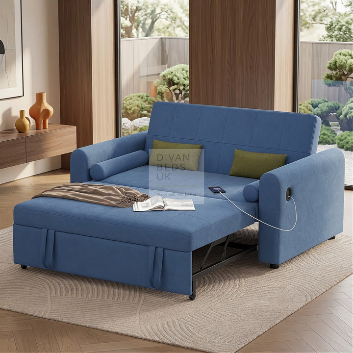 Kimora Blue Linen Smart Daybed Sofa Bed with USB & Type C Charging and Matching Pillows