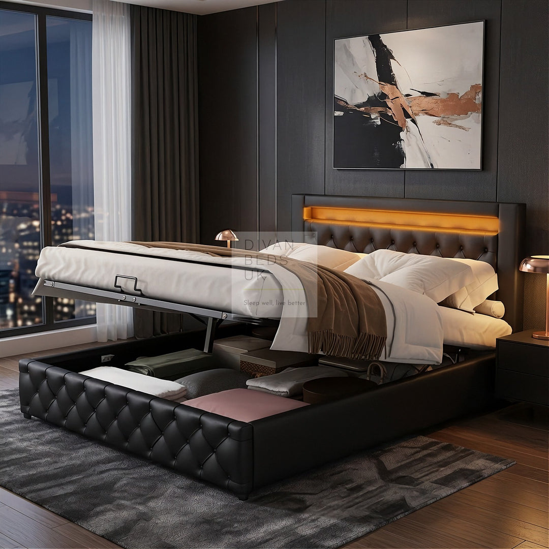 Santiago LED Black Leather Ottoman Storage Bed