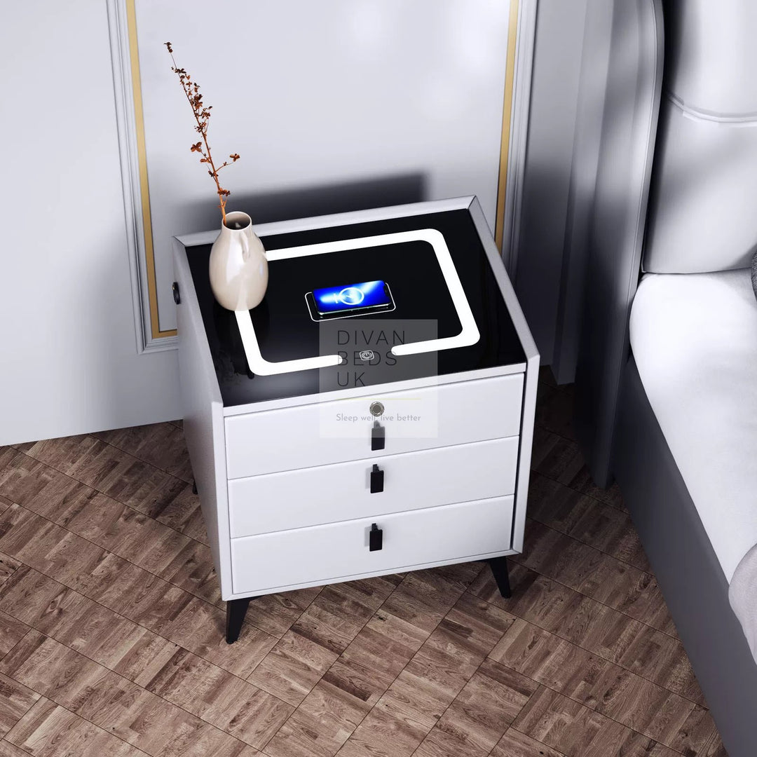 Elara White 3 Drawer Smart LED Bedside Table with Bluetooth Speakers, Fingerprint Lock, USB, Type C and Wireless Charging