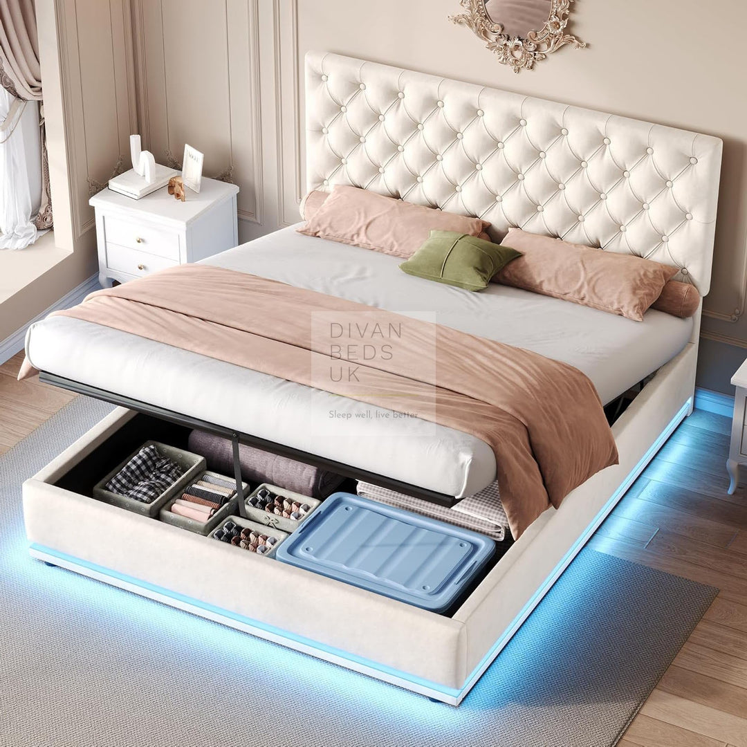 Clara White Beige Velvet Ottoman Storage Bed with Recessed LED Lighting & Adjustable Headboard