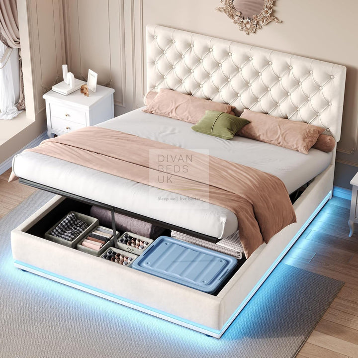 Clara White Beige Velvet Ottoman Storage Bed with Recessed LED Lighting & Adjustable Headboard