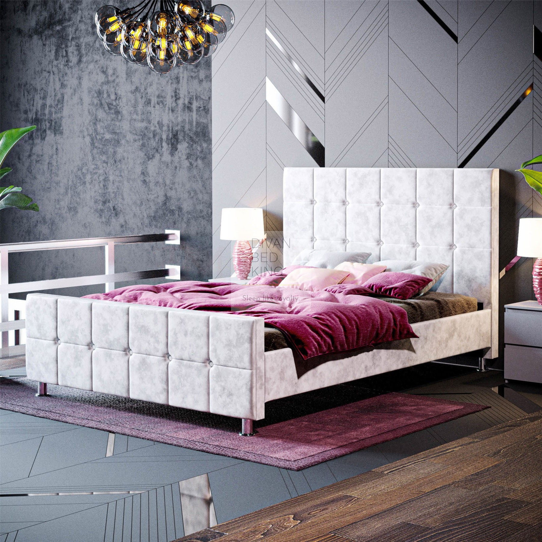Nasira Luxury Silver Crushed Velvet Upholstered Bed Frame – Divan Beds UK