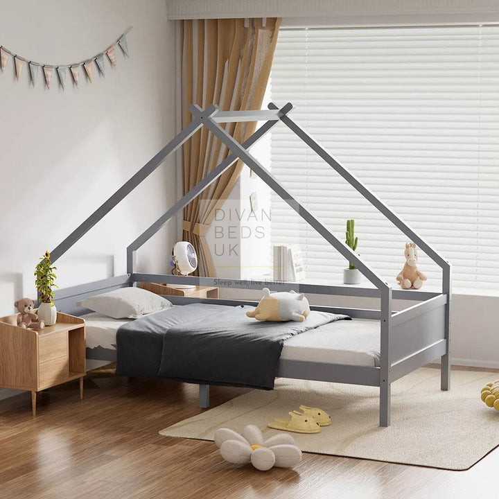 Contessa Grey Treehouse 3ft Single Bed Wooden with Canopy Kids Sleeper Pine House Low Childs