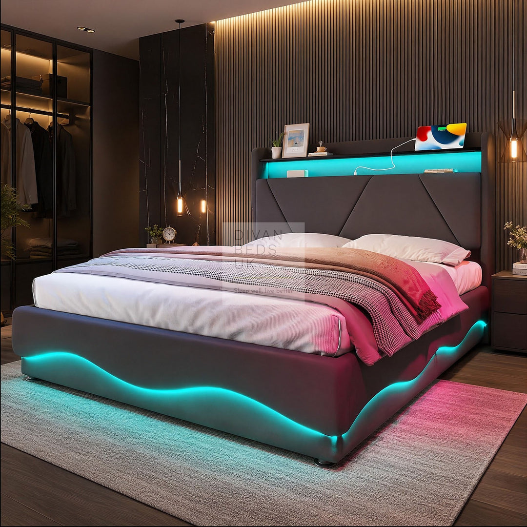 Aviana Wave LED Grey Velvet Ottoman Storage Bed Frame with USB Type C Charging Station on Headboard Storage Shelf