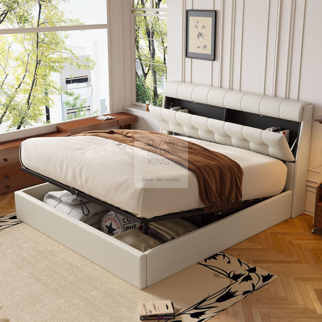 Carmine Cream Beige Leather Ottoman Storage Bed with Headboard Storage